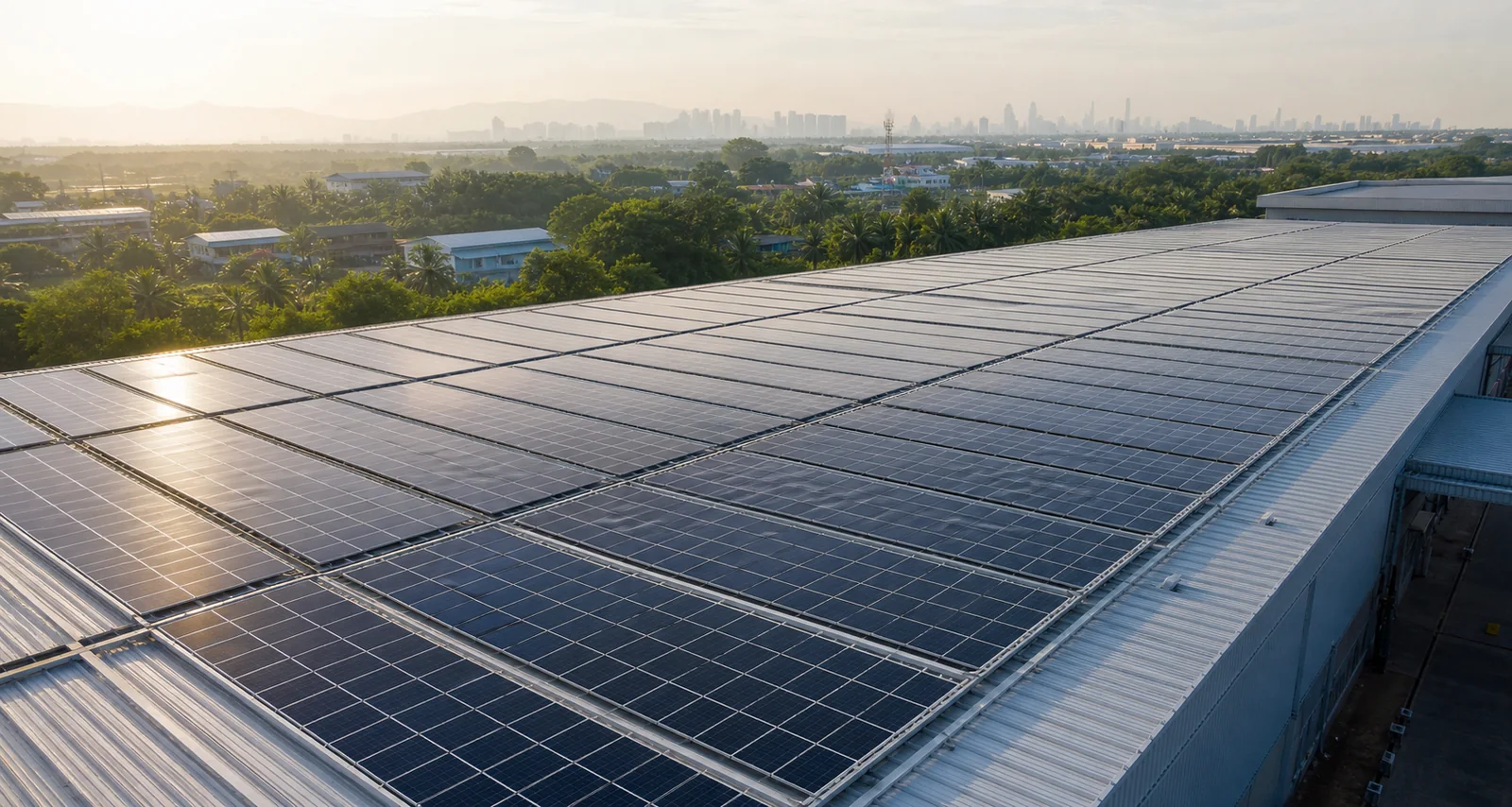 Aerial view of a commercial rooftop solar PV installation in Malaysia